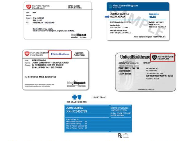 Sample insurance cards: Harvard Pilgrim Health Care, Mass General Brigham Health Plan, UnitedHealthcare with the Harvard Pilgrim logo, and Blue Cross Blue Shield of Massachusetts